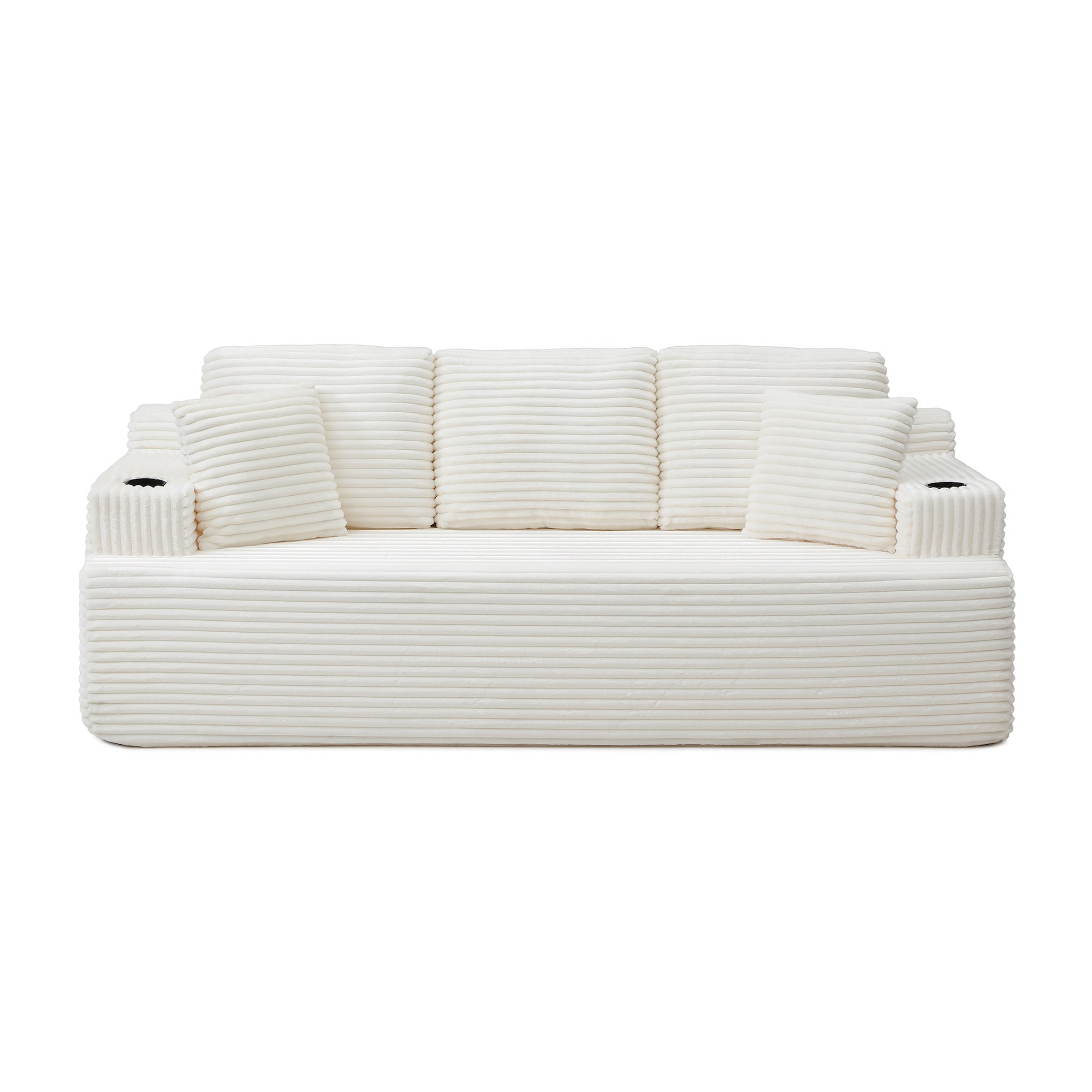 Boneless Sofa, 3-Seater Floor Couch with Cup Holders and Side Pockets, Corduroy Fabric No Assembly Sofa for Living Room or Dorm, 86.2 Inch, Beige