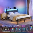 thumbnail image 3 of Dayago Full Bed Frame with LED Lights and Charging Station, Upholstered Metal Platform Bed with Storage Headboard, Noise Free, Brown, 3 of 7