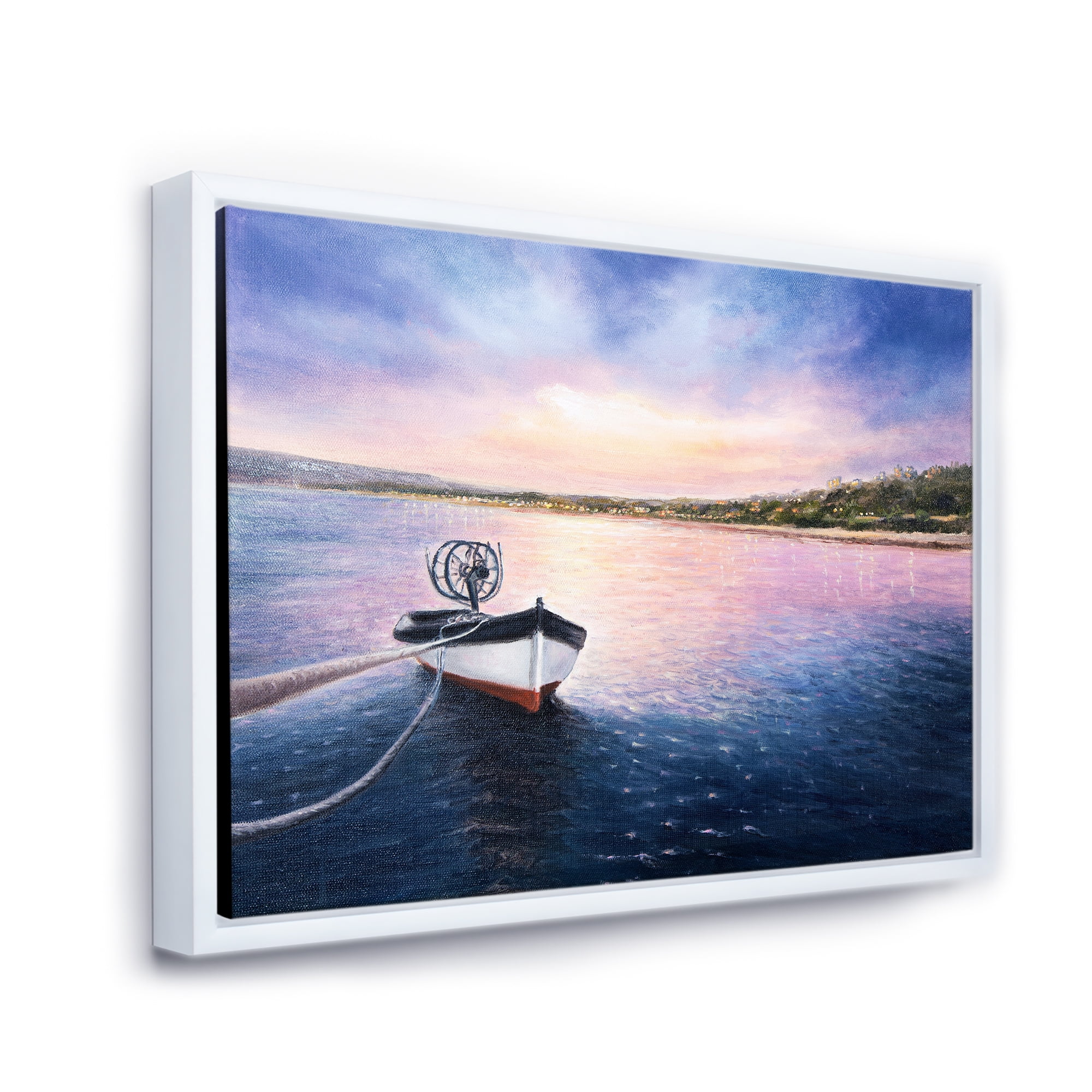 VIbrant Sunset Over Fishing Boat By The Shore 40 in x 30 in Framed Painting Canvas Art Print, by Designart