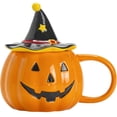 thumbnail image 2 of Taza de calabaza de Halloween con tapa de sombrero de bruja – Taza de café de cerámica para otoño – Bonita taza de calabaza para fiestas de Halloween, chocolate caliente, té y café., 2 of 8