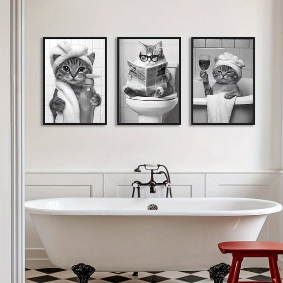 [Cute Animal Canvas] 3pcs/Set Frameless Canvas Wall Art Posters | Black and White Cute Animal Canvas Paintings, Funny Cat Print Posters, Modern Minimalist Abstract Art Style, Suitable for Bathroom,