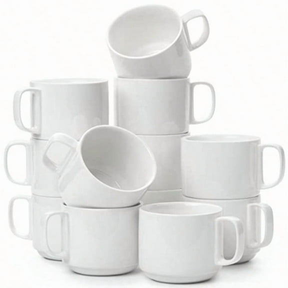 BTaT Porcelain Stackable Coffee Mugs 12 Pack 12 oz White Ceramic Coffee Cups Dishwasher and Microwave Safe Christmas Gifts