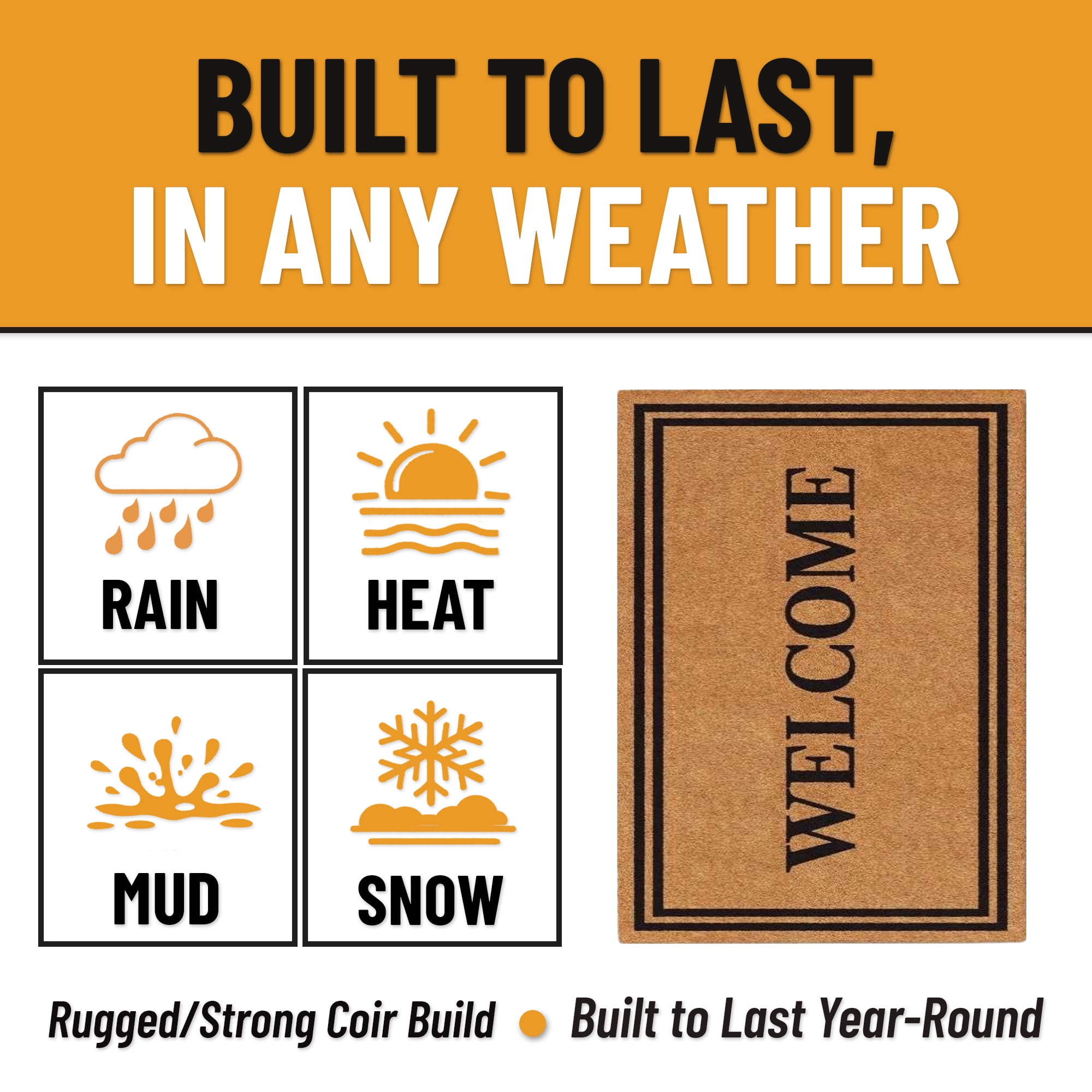 Ottomanson Coir Welcome Mat, Non-Slip Outdoor Doormat, Weather-Resistant, 24" x 36"
