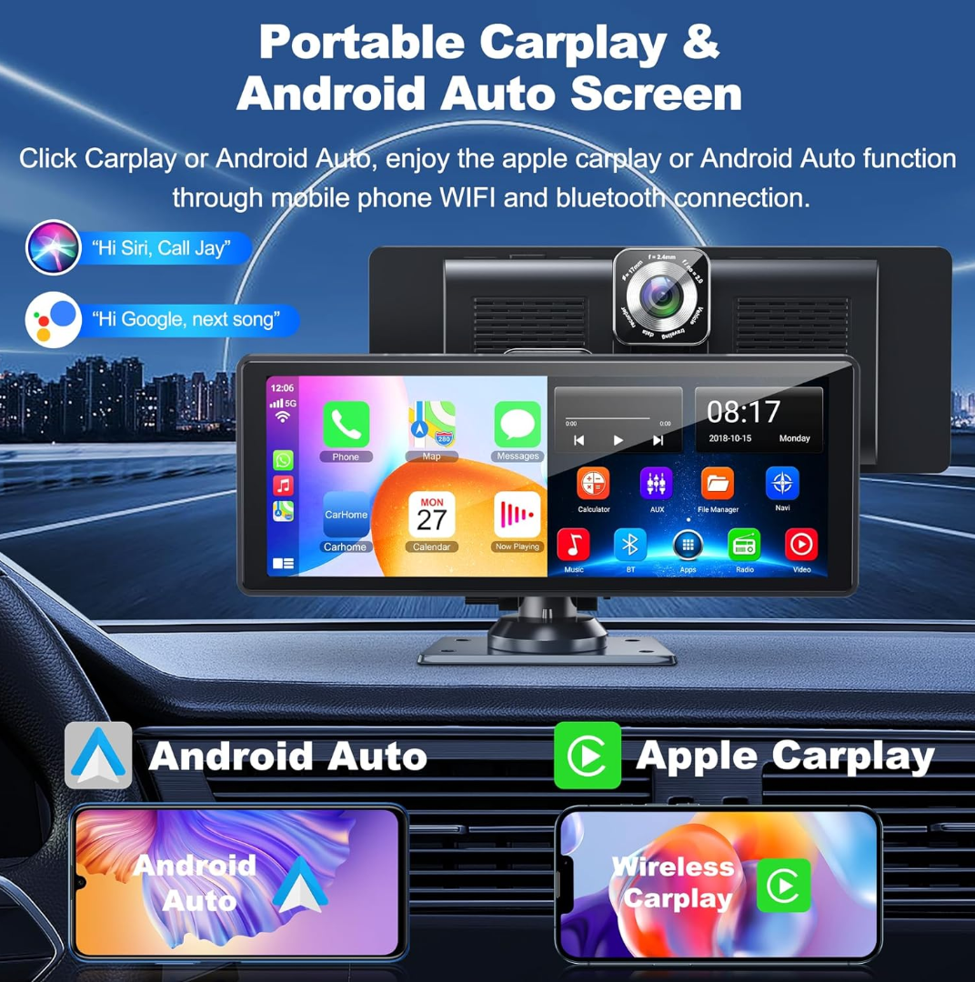 Portable Wireless Carplay& Android Auto Car Screen,10.26 Inch IPS