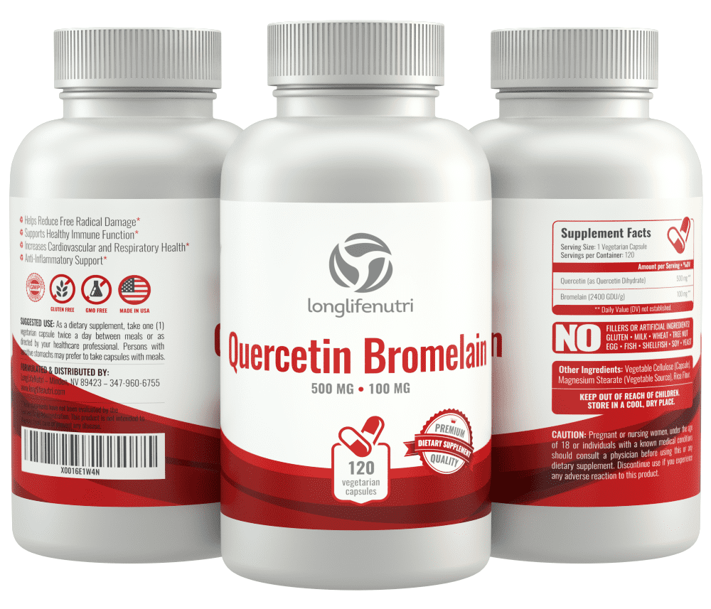 LongLifeNutri Quercetin 500 mg with Bromelain 100 mg - 120 Vegetarian Capsules, Natural Antioxidant