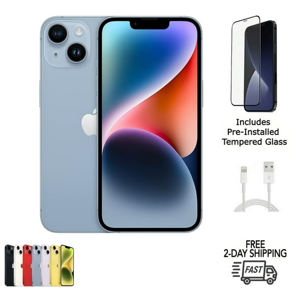 Pre-Owned Apple iPhone 14 A2649 (Fully Unlocked) 128GB Blue Bundle with Pre-Installed Tempered Glass