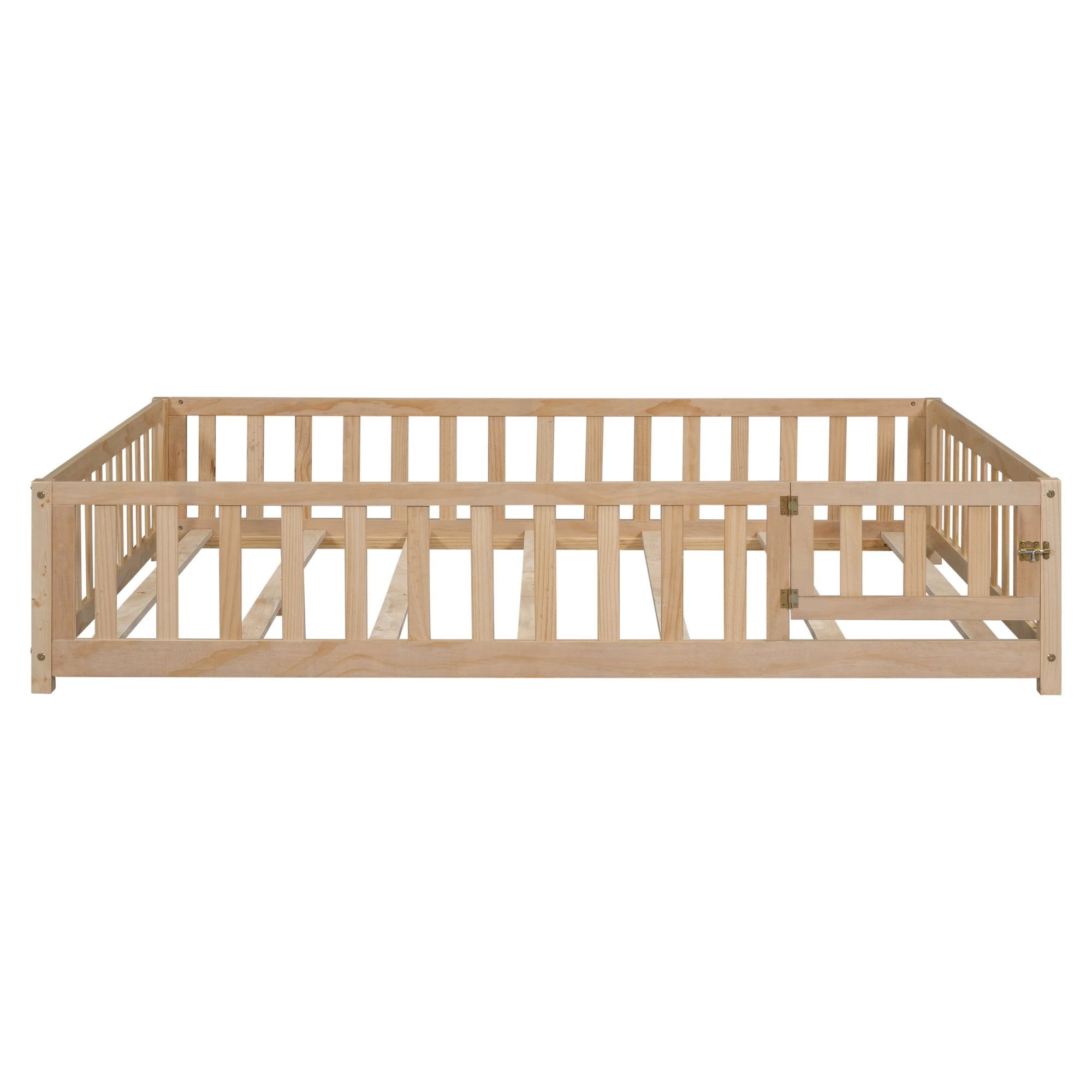 Leumius Full Size Floor Platform Bed Frame with Fence and Door for Kids, Montessori Floor Bed Frame with Support Slats for Toddlers Natural