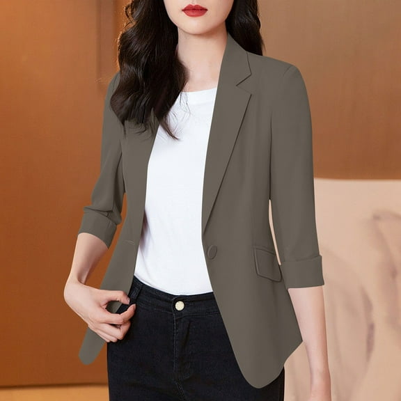 Blazers for Women Plus Size Lightweight 3/4 Sleeve Lapel Collar Cropped Suit Jacket for Women Business Casual Fall Outfits