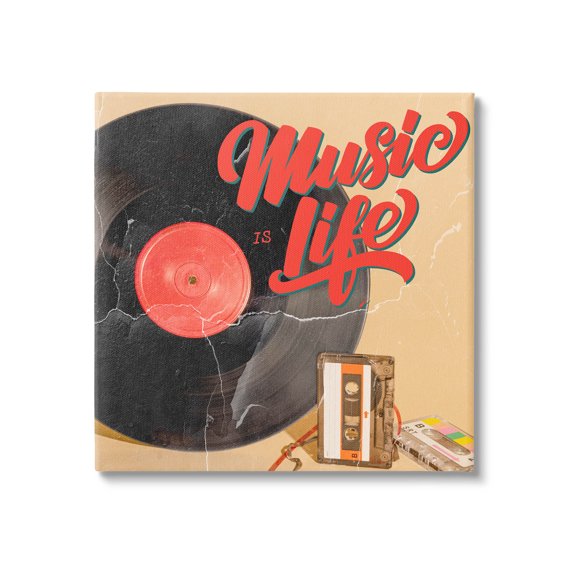 Music Is Life Vintage Cassette Inspirational Graphic Art Gallery Wrapped Canvas Print Wall Art