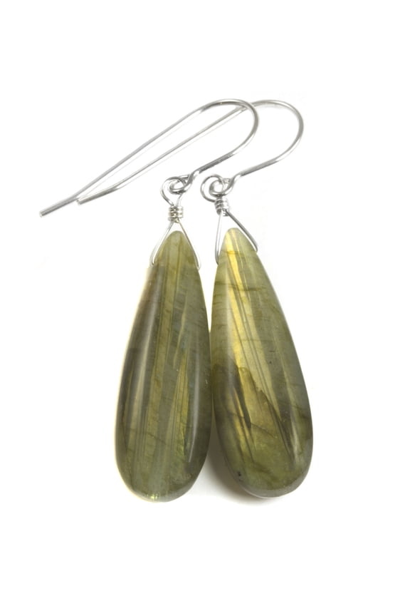 Labradorite Earrings Sterling Silver Long Smooth Cut Blue Flash Teardrops Spyglass Designs