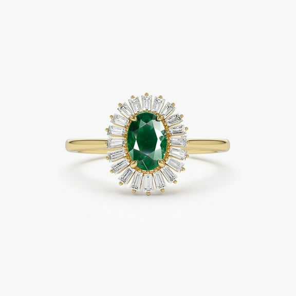Unique Emerald Ring, 14k Gold Plated 925 Sterling Silver Oval Emerald and Baguette Diamond Ring, Baguette Diamond Halo Emerald ring, Oval Shaped Birthstone Engagement ring
