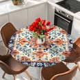 thumbnail image 2 of Orange Blue Ethnic Fitted Tablecloth with Elastic Edged, Round Table Cloth for Dining Table, Boho Vintage Geometric Art Waterproof Oil Proof Table Cover for Indoor Outdoor 55"-60", 2 of 9