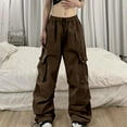 thumbnail image 2 of Hpapadks Pants for Women Summer Vintage Street Style Solid Multi Pockets Loose Fit Cargo Parachute Pant Slacks for Women Brown M, 2 of 7
