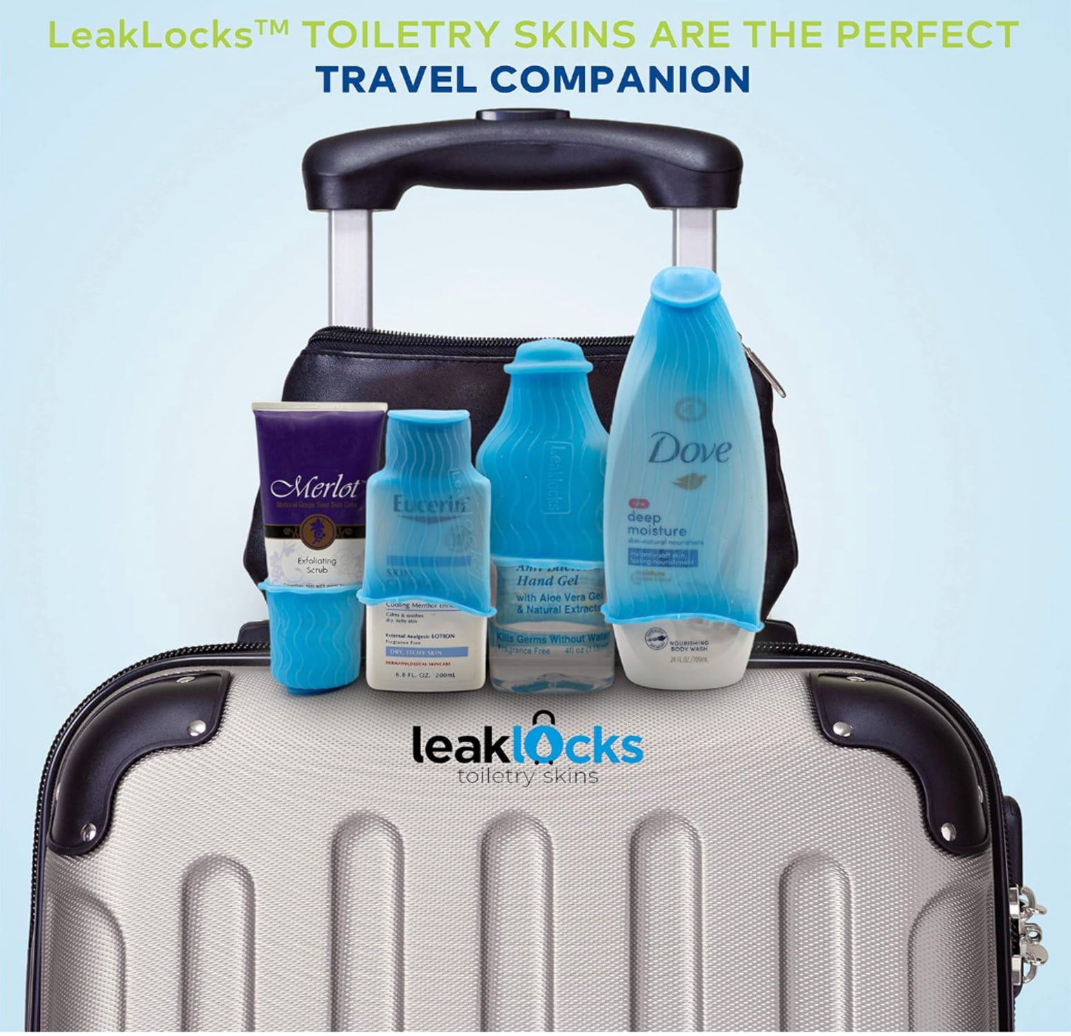 LeakLocks Toiletry Skins™ Sleeves that Leak Proof Travel Containers in Luggage. For Standard and Travel Size Toiletries. Reusable Accessory for Travel Bag, Suitcase and Carry-on 8 Pack