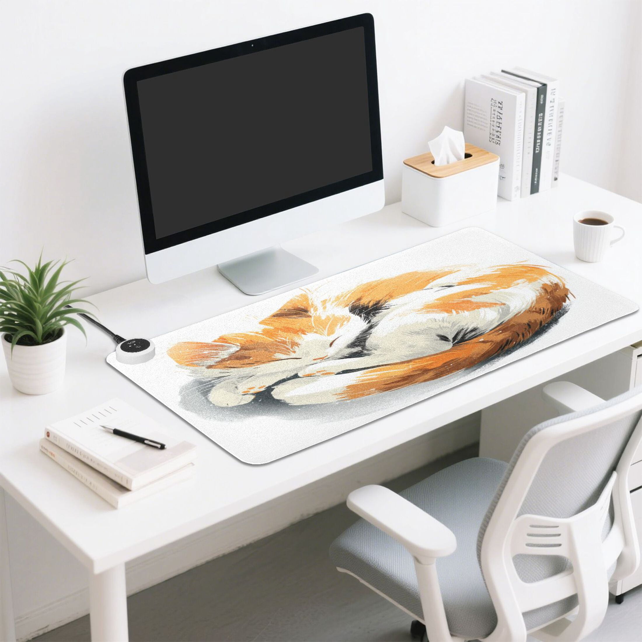 Large Heated Desk Mat Mouse Pad 31.5"x13"PU Leather Graphene Heating Desk Warmer with 3 Temperature Settings 110V US Plug Non-Slip Warm Pad for Home, Office, and Gaming Adorable Orange Cat Asleep