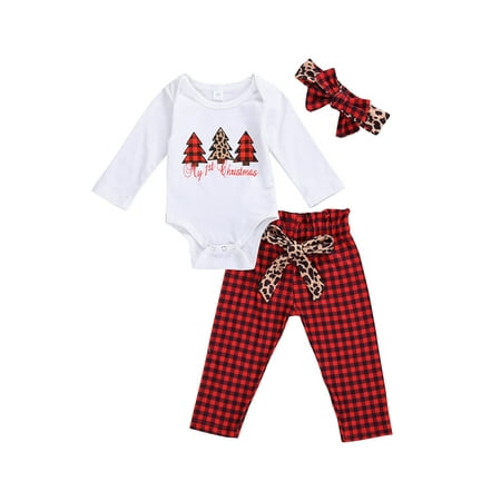 

DuAnyozu Baby Christmas Suit Long Sleeve Romper Plaid Leopard Print Loose Trousers