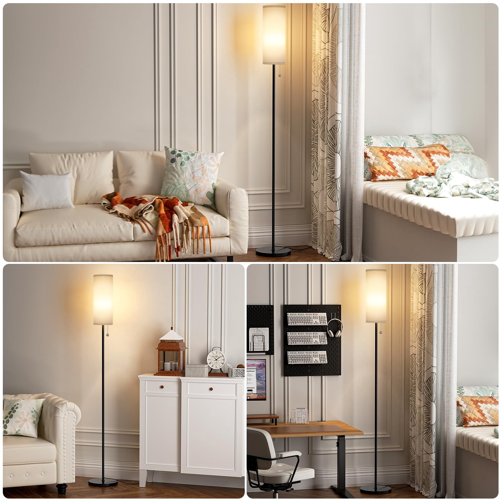 Floor Lamp For Living Room With 3 Color Temperatures Bulb  64" Standing Linen Lampshade Bedroom Minimalist Pole Grey Shade & Black