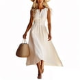thumbnail image 2 of Gamivast Linen Dress for Women Sleeveless V-Neck Midi Dress A-Line Sun Dress Button Down High Waist Solid Color Elegant Summer Beach Vacation, 2 of 5