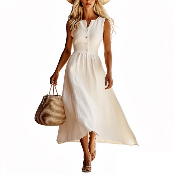 Edvintorg Sundresses for Women 2026 Vacation Button Down V-Neck Sleeveless Beach Dresses Summer Casual Flowy Midi Dress