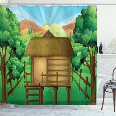 Forest Shower Curtain, 3D Digital Art Illustration of a Wooden Hut Shelter in the Forest and Sun, Fabric Bathroom Set with Hooks, 69W X 70L Inches, Multicolor, by Ambesonne