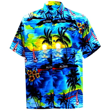 - Hawaiian Shirt Mens Beach Aloha Casual Camp Party Holiday Button Down Pocket Scenic Print B