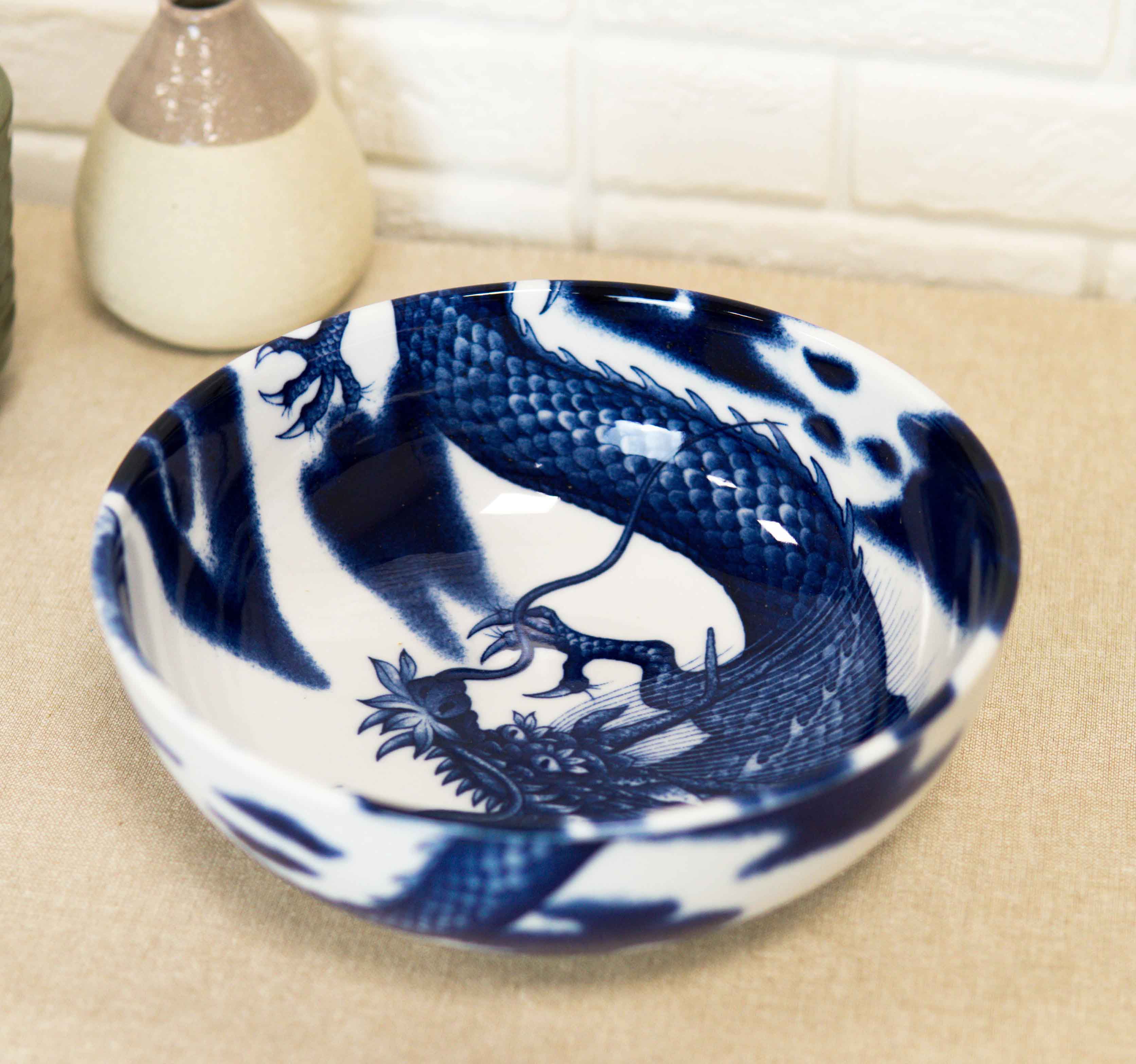 Porcelain Bowl Set of 4 Blue and Black Dragon Motif Made in Japan 