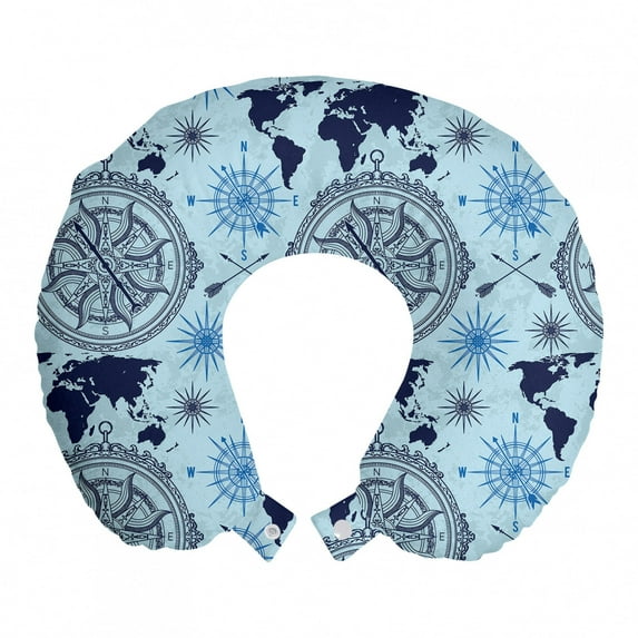 Compass Travel Pillow Neck Rest, World Map Pattern Vintage Inspirations Arrows and Windrose Continents Grunge, Memory Foam Traveling Accessory Airplane and Car, 12", Pale Blue Indigo, by Ambesonne