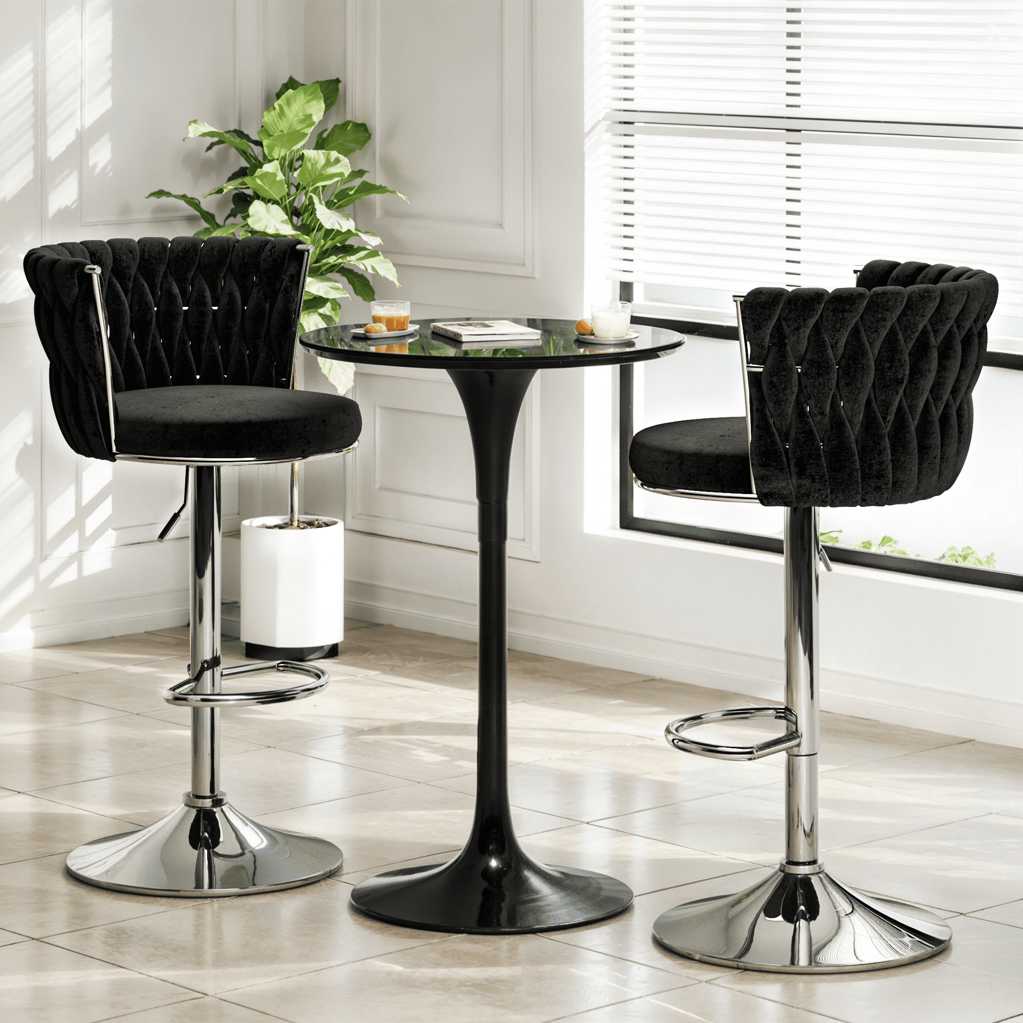 Baxluxe Swivel Bar Stools Set of 2, Velvet Counter Height Bar Chairs with Footrest, Adjustable High Stools Bar Chairs with Metal Base, Island Stools Bar Height Chairs for Kitchen Island, Pub, Black
