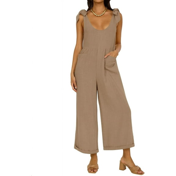 Women's Summer Loose Sleeveless Jumpsuits Linen Adjustable Straps Oversized Wide Leg Long Overall Rompers with Pockets