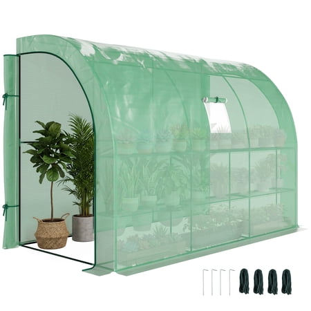 SSLZ 10' x 5' x 7' Lean to Greenhouse, Walk-In Green House, Plant Nursery with 2 Roll-up Doors and Windows, PE Cover and 3 Wire Shelves, Green