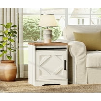 WAMPAT 24.3-inch Tall Farmhouse End Table with Drawer and Barn Door Cabinet for Living Room,Wood Scoring-Style Purposeful Distressing,Cream White