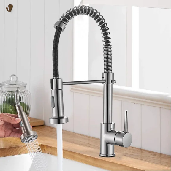 Brushed Nickel Swivel Kitchen Sink Faucet Pull Out Sprayer Single Handle Mixer Tap