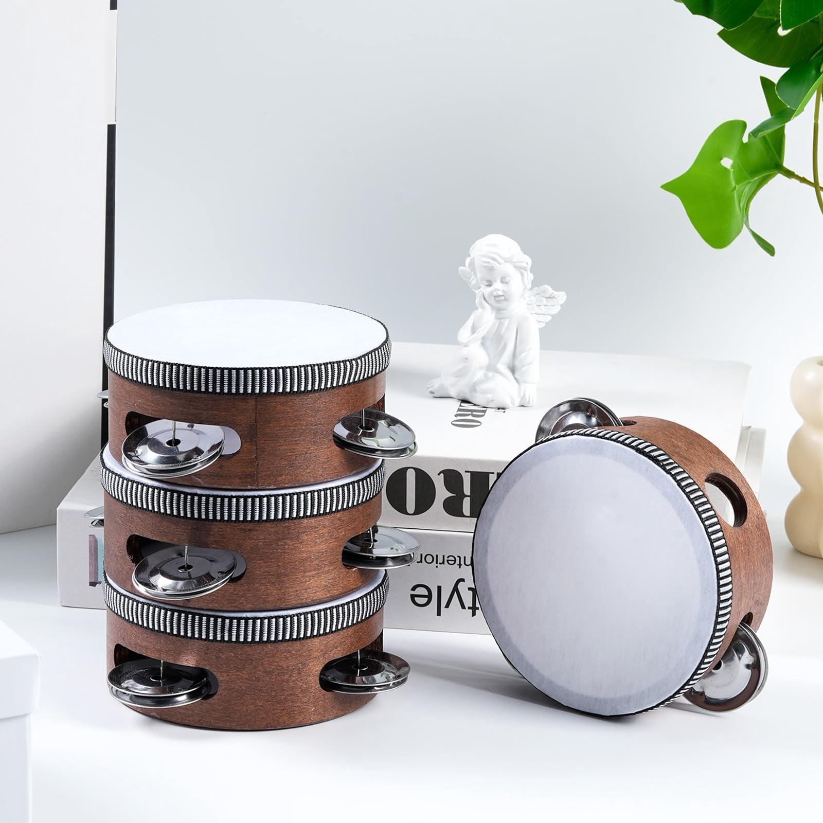 12 Set 4 Inch Wooden Tambourine For Adults  Hand Held Percussion Drum With Metal Jingles Musical Educational Drums Instrument Church Wedding Party Games (walnutwood)