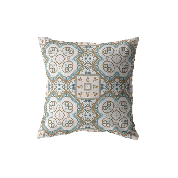 Geo Mandala Indoor/Outdoor Fabric Pillow with Zip -Orange Light Blue White 26x26