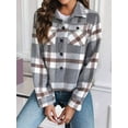 thumbnail image 6 of Women'S Flannel Cropped Long Sleeve Lapel Jacket Fashion Plaid Button-Down Shirt Autumn Outerwear Tops Light Grey S, 6 of 7