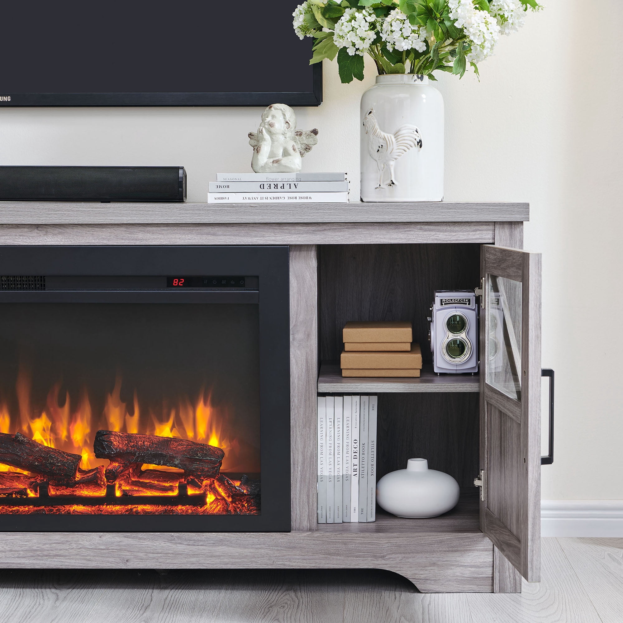 Innoflame Fireplace TV Stand for 85" TV, Entertainment Center with 44" Electric Fireplace, Adjustable Shelves, TV Stands Console for Living Room, Gray