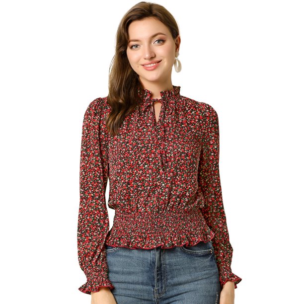 INSPIRE CHIC Blusa De Mujer Con Volantes Y Peplum Con Cuello Alto Y Manga Abullonada Rojo L