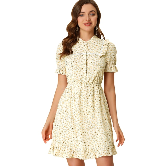 Vestido de Mujer con Cuello levantado Allegra K Estampado floral Beige XS