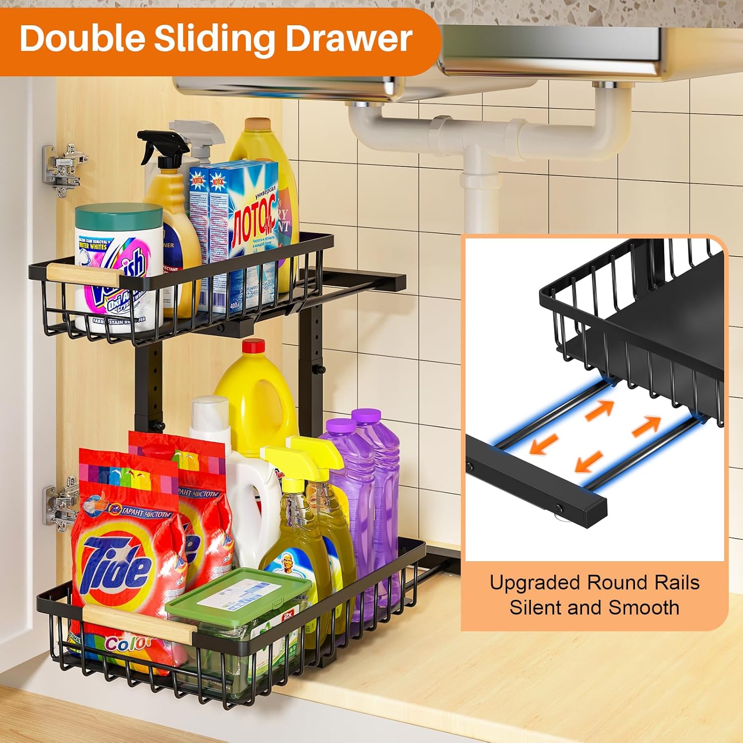 Under Sink Organizer, 2 Pack Height Adjustable Organizers and Storage, Tier Pull Out Drawer Cabinet Storage for Kitchen Bathroom
