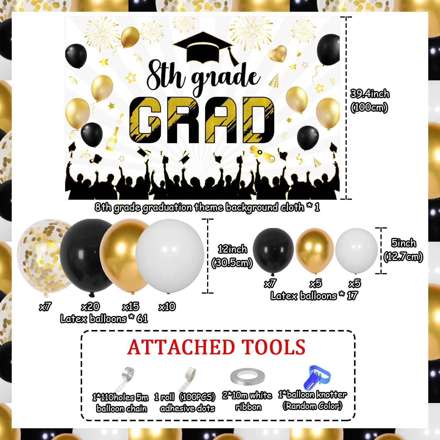 79Pcs Black Gold 8th Grade Graduation Decorations 2024 - 8th Grade Grad Backdrop Black Gold Balloon Garland Arch Kit for Boy Girl Kids Class of 2024 Eighth Grade Graduation Party Supplies