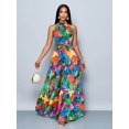 thumbnail image 6 of Womens Multicolor Allover Tropical Leaf Print Halter Neck Maxi Dress With Self-Tie Belt, Flowing Vacation Style, 6 of 8