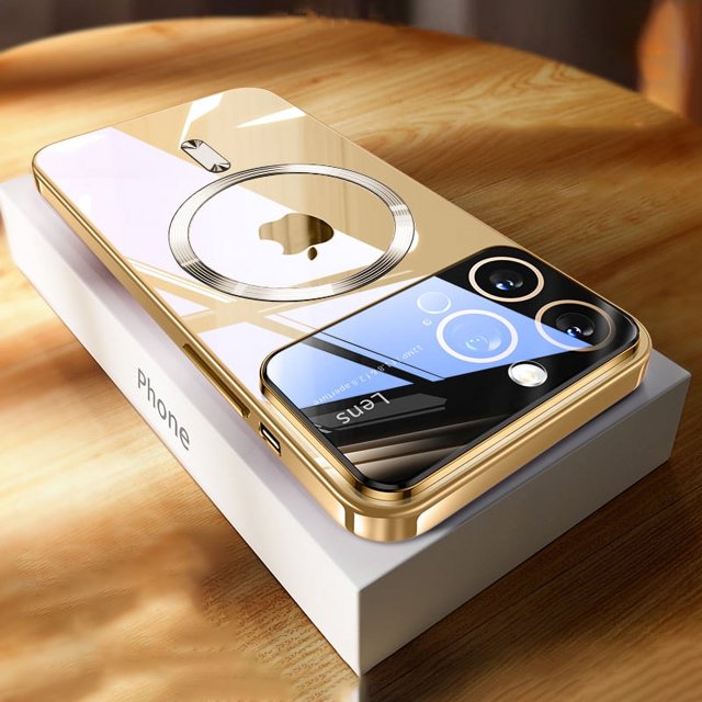 Luxury Magnetic Plating Window Clear Wireless Charging Phone Case For iPhone 11 12 13 14 15 Pro Max Plus Shockproof Soft Cover Gold For iPhone 12Pro MAX