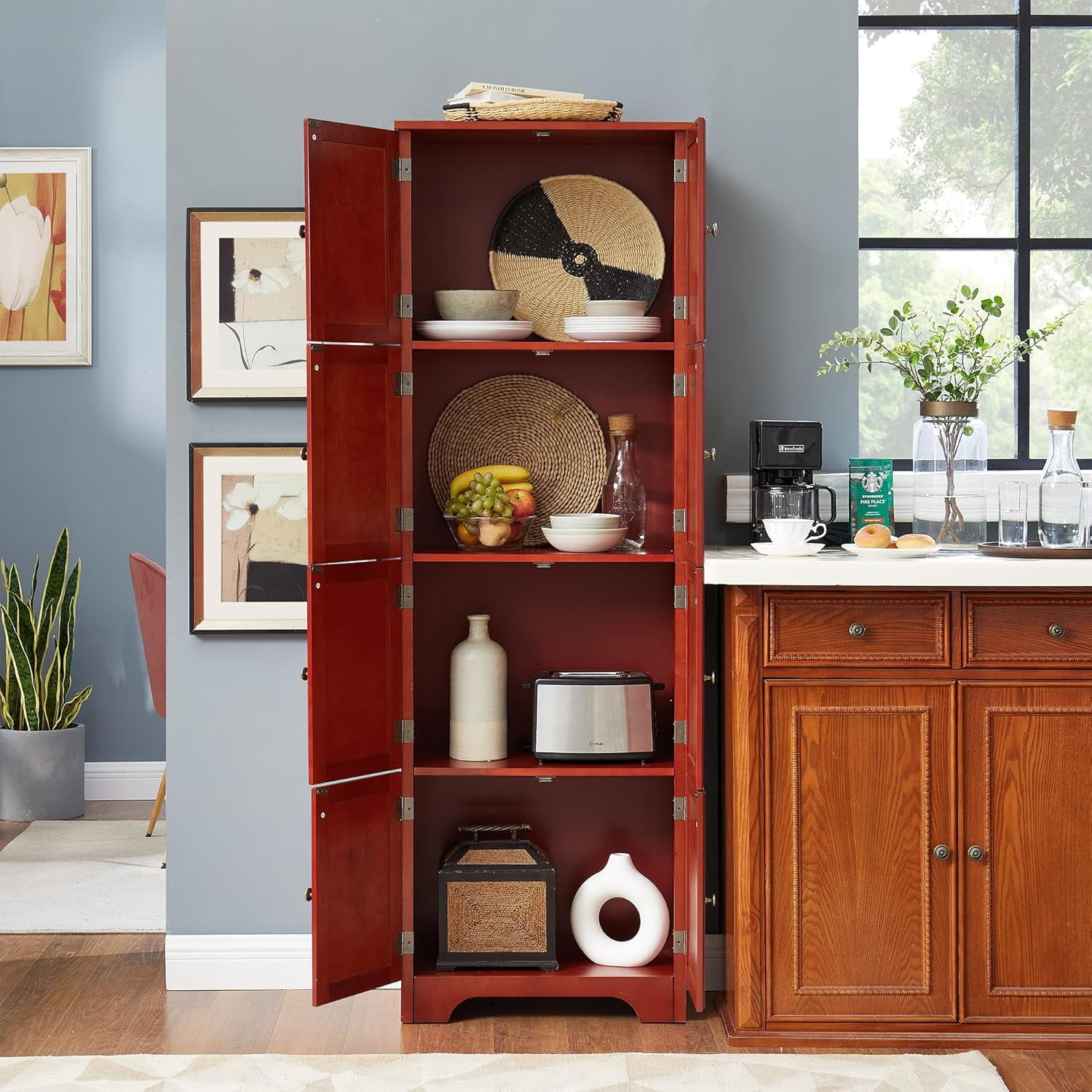72" Tall Farmhouse Storage Cabinet, 4 Tier Kitchen Pantry Cabinet with 4 Shelves & 8 Doors, Freestanding Floor Storage Cabinet Wooden Organizer Bookcase for Living Room, Kitchen (Cherry)