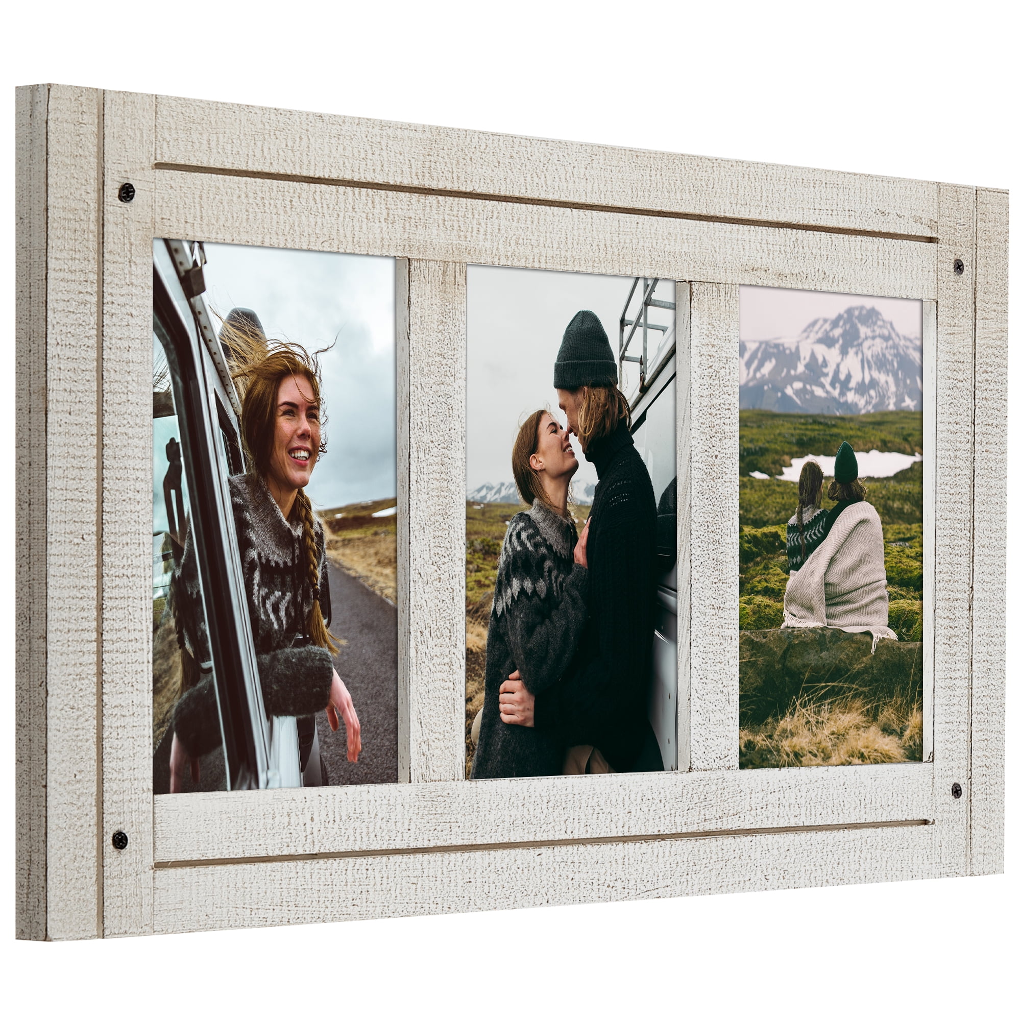 Americanflat 4x6 Hinge Frame Hinged Triple Photo Openings Polished Glass Distressed Collage - Aspen White