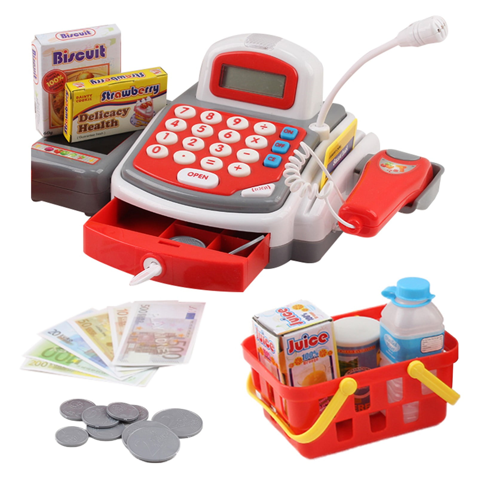 Cash Register for Kids with Electronic Sound Mircophone Scanner Play Money 