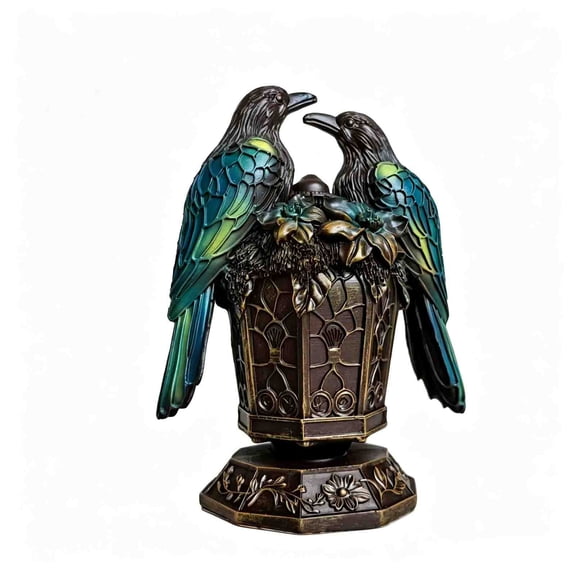 VQPeo Vintage Two Magpie Bird LED Table Lamp, Stained Glass Resin Night Light with Warm Glow, Antique Embossed Floral Desktop Decor for Bedroom Living Room Gift