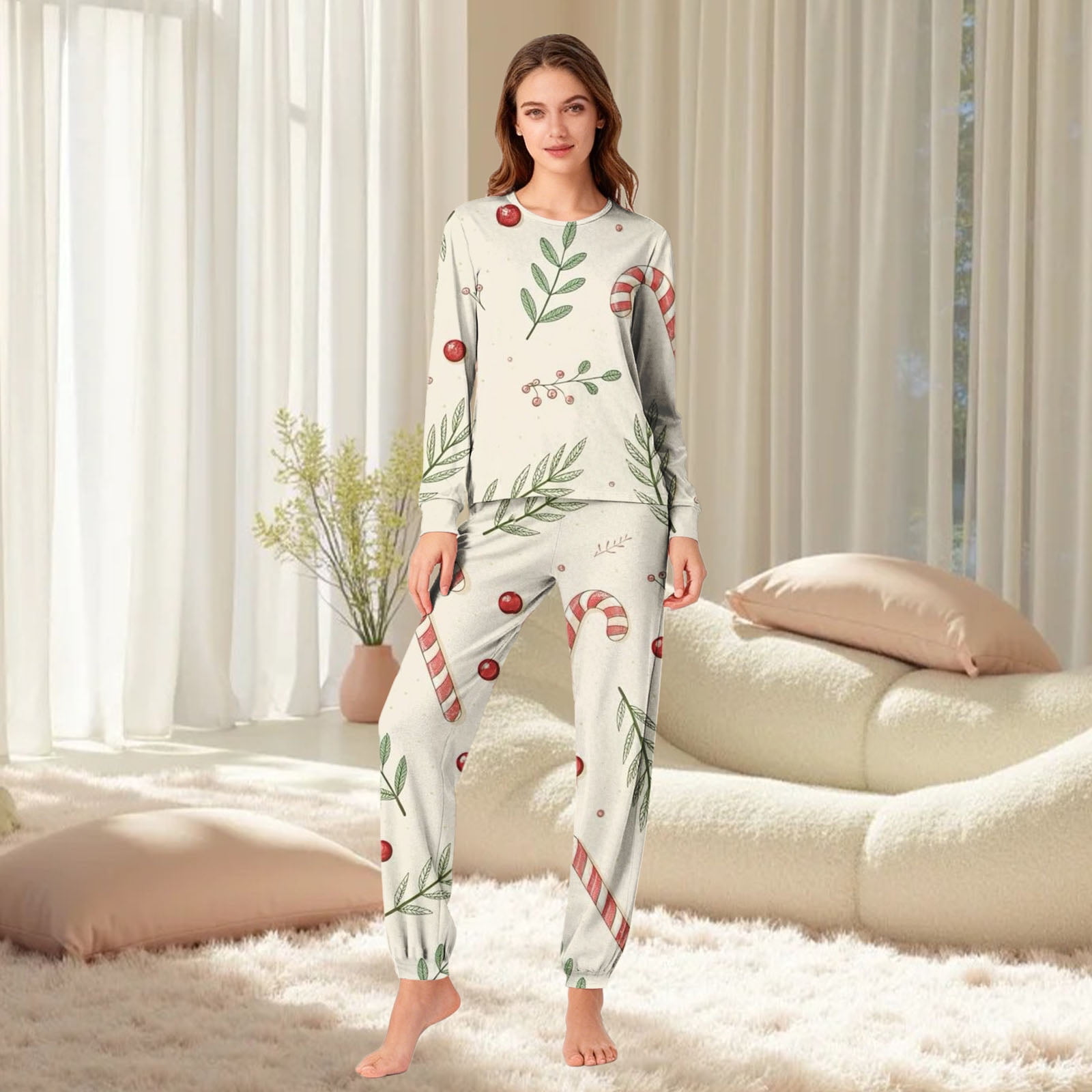 Mom YVNAURA Matching Family Christmas Pajamas Set Vintage Watercolor Candy Cane Berry All Over Print Long Sleeve Jogger Pants Romper Holiday Sleepwear Beige XL