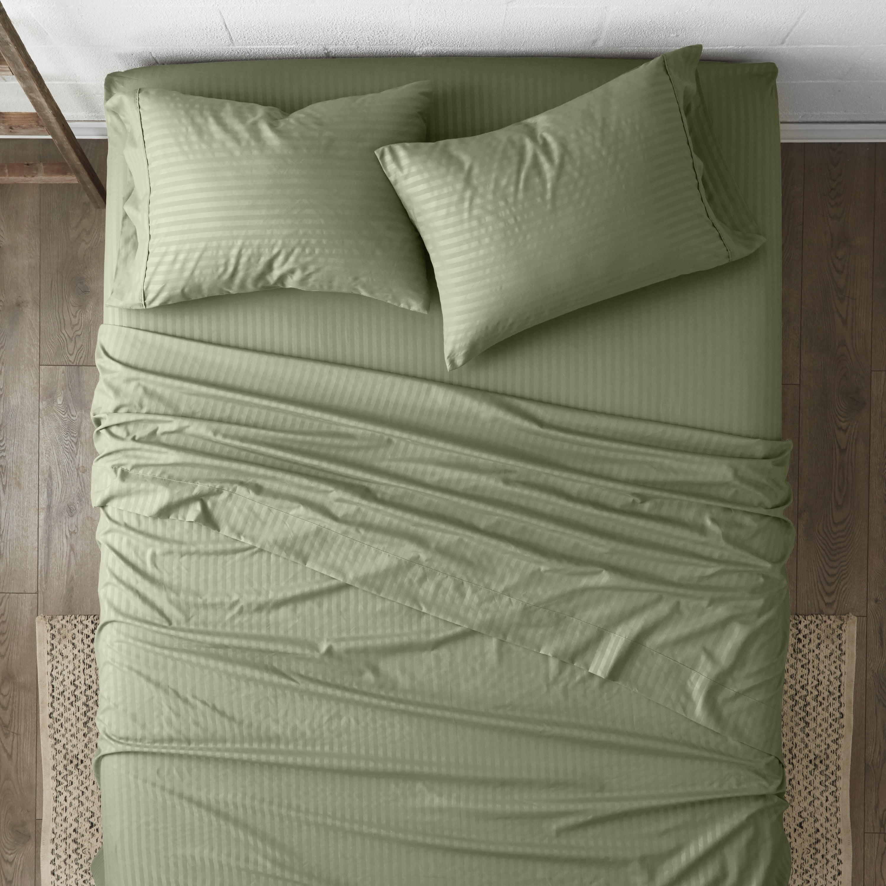 Noble Linens 4 Piece Sage Striped Embossed Bed Sheet Set, Queen