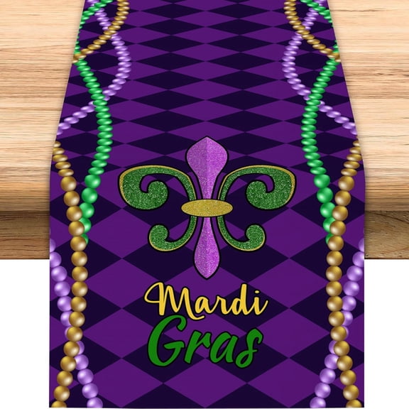 Mardi Gras Table Runner, Purple Seasonal Farmhouse Burlap Indoor Kitchen Dining Table Decorations Mardi Gras Decorations for Home Table 13x72 Inch
