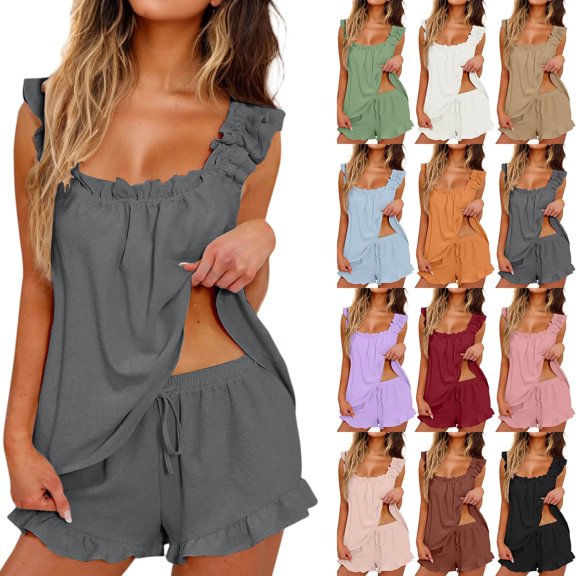Fgvctg Pajama for Women Set 2 Piece Ruffle Pjs Soft Tank Top and Shorts Sleepwear Set Bridal Pajama Set for Women Sky Blue XL